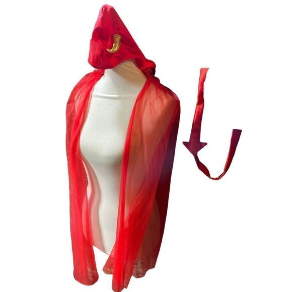 She Devil Sheer Cape with Sequined choker neck and hood with Gold Horns& Red pai - Picture 7 of 14